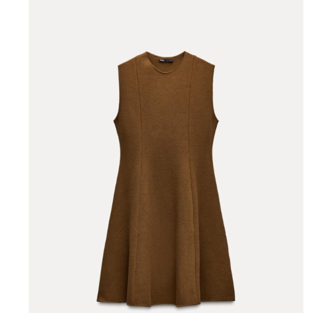NWT ZARA STRETCH KNIT SKATER DRESS MUSTARD SIZE S BROWN 5584/670